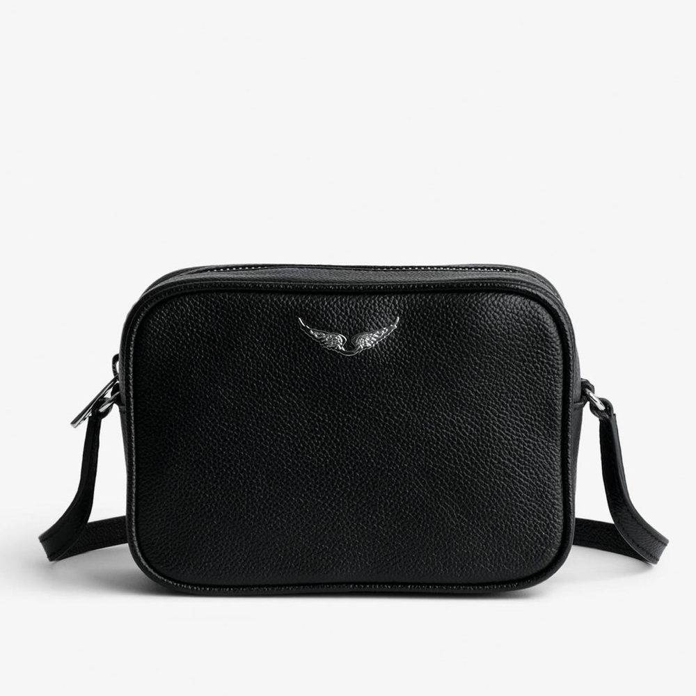 Zadig & Voltaire Black leather bag with silver wings on front.